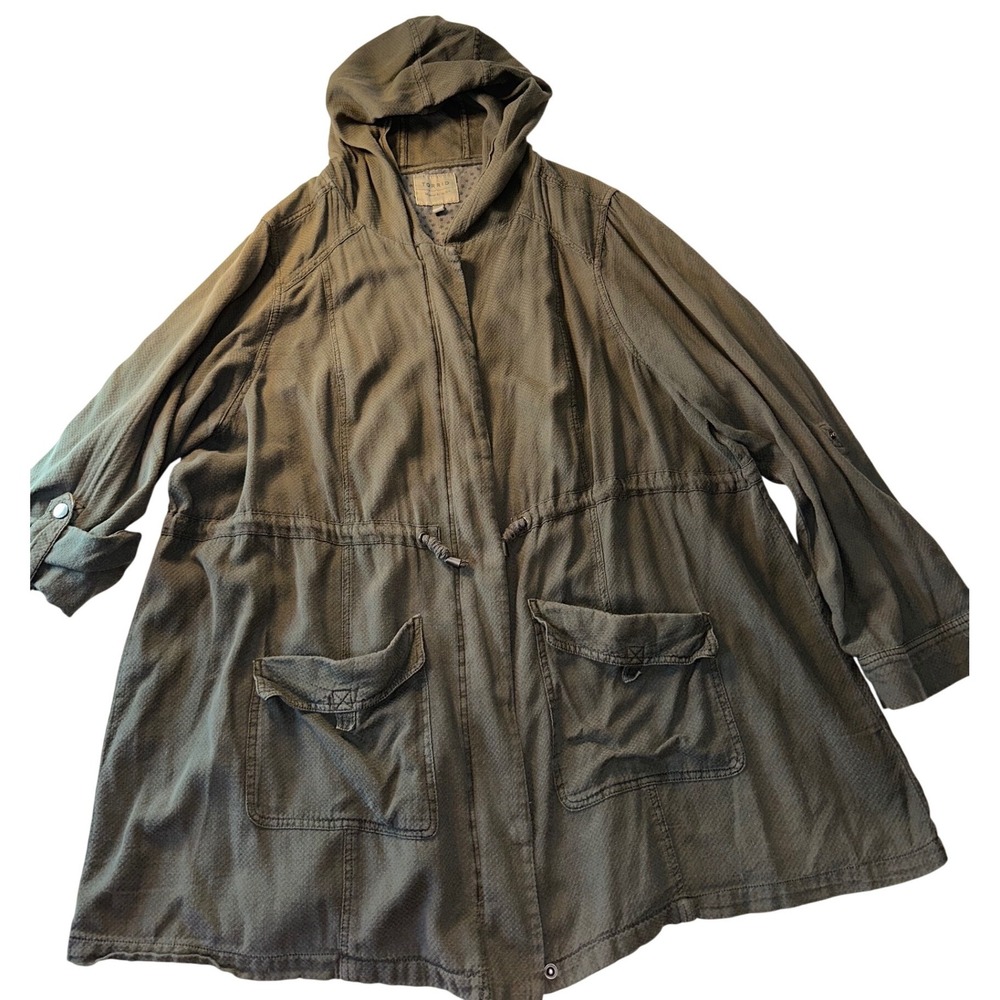 Torrid Womens 2 Olive Green Utility Anorak Jacket Hooded Roll Tab Sleeve Field